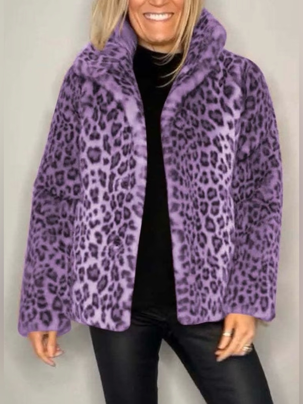 Women's Purple Leopard Faux Fur Jacket